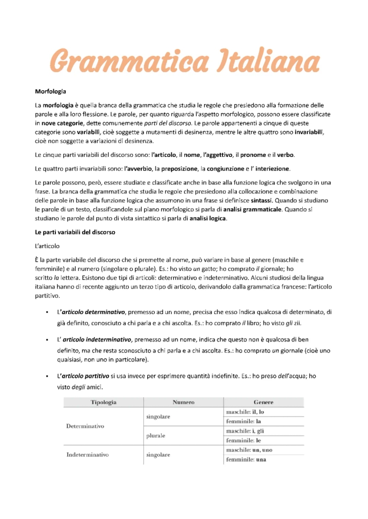 La Grammatica Italiana: Morfologia ed Articoli per la Scuola Primaria