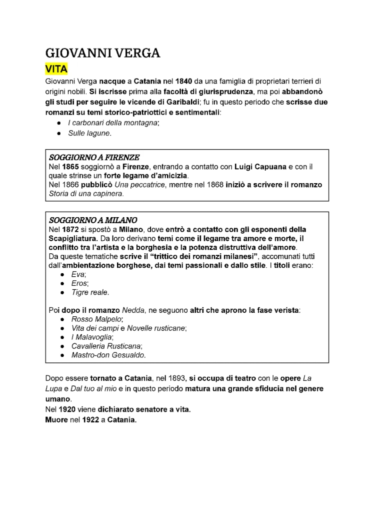 Giovanni Verga: Riassunto completo della vita e delle opere