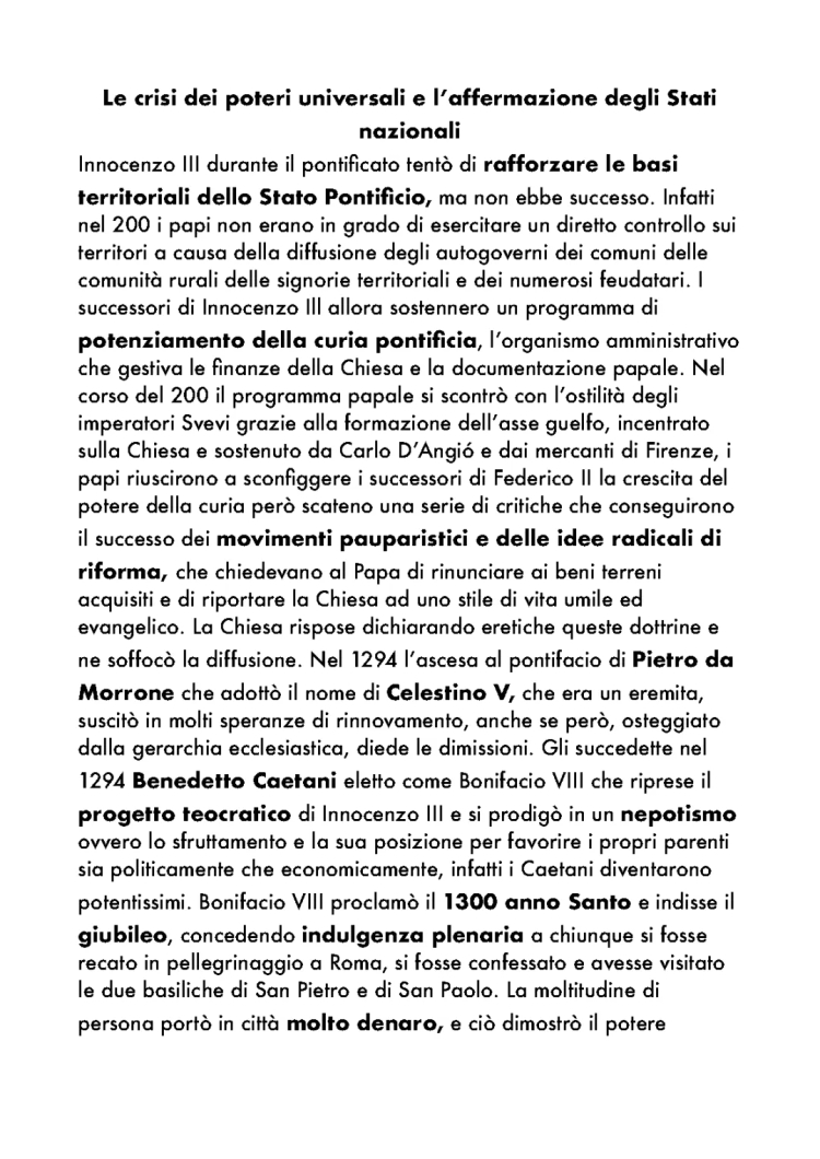 La crisi dei poteri universali e la nascita degli stati nazionali: mappa concettuale e riassunto PDF