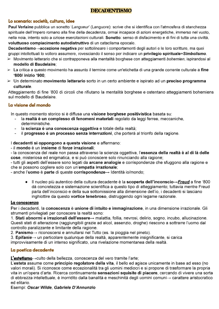 Decadentismo: Riassunto Facile di D'Annunzio e Pascoli