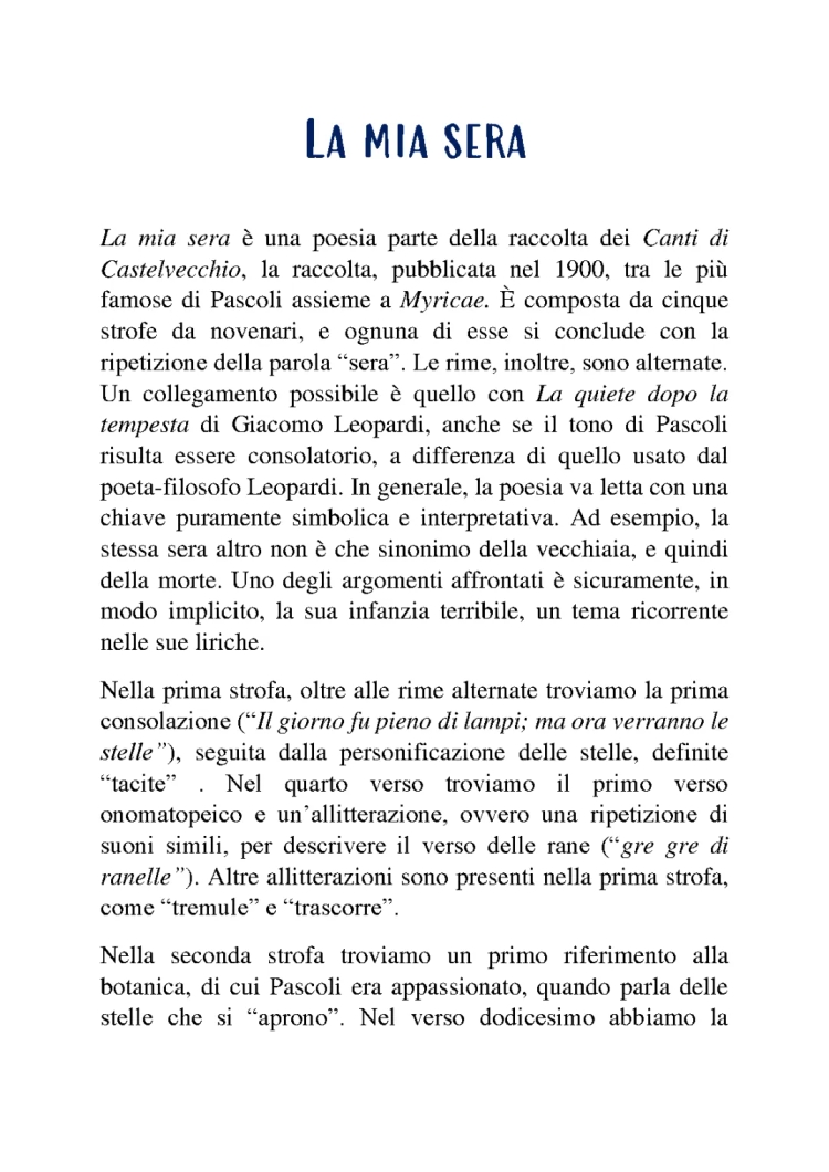 La mia sera di Pascoli: Analisi, Parafrasi e Testo PDF