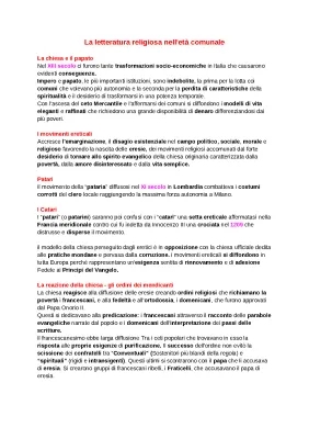 Riassunto di Letteratura Religiosa, Eresie Medievali e Ordini Mendicanti nel Medioevo