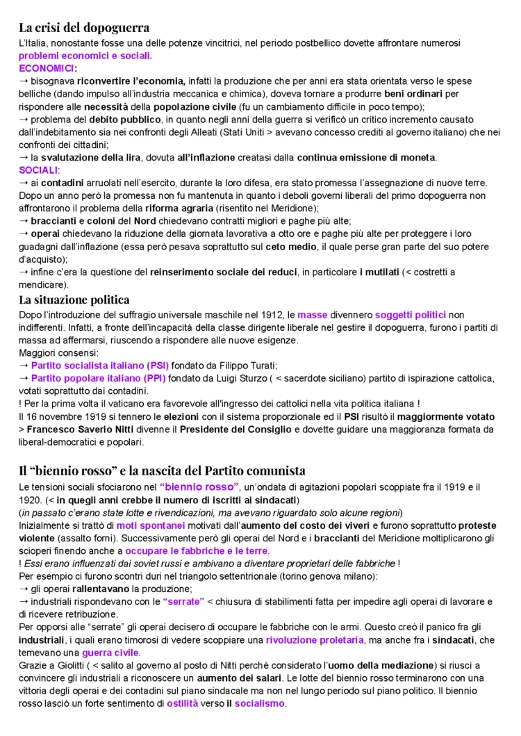 La Crisi del Dopoguerra in Italia e L'Avvento del Fascismo: Riassunto e Mappa Concettuale