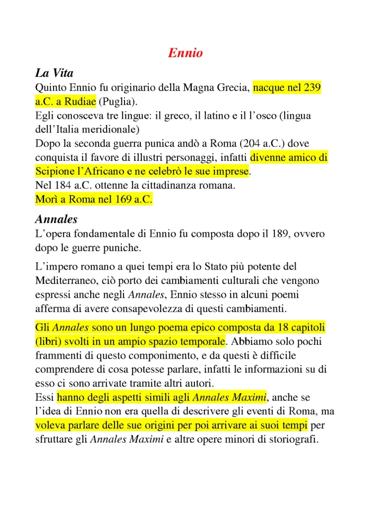 Riassunto di Ennio: Quinto Ennio Opere, Frasi e la Storia dell'Annales