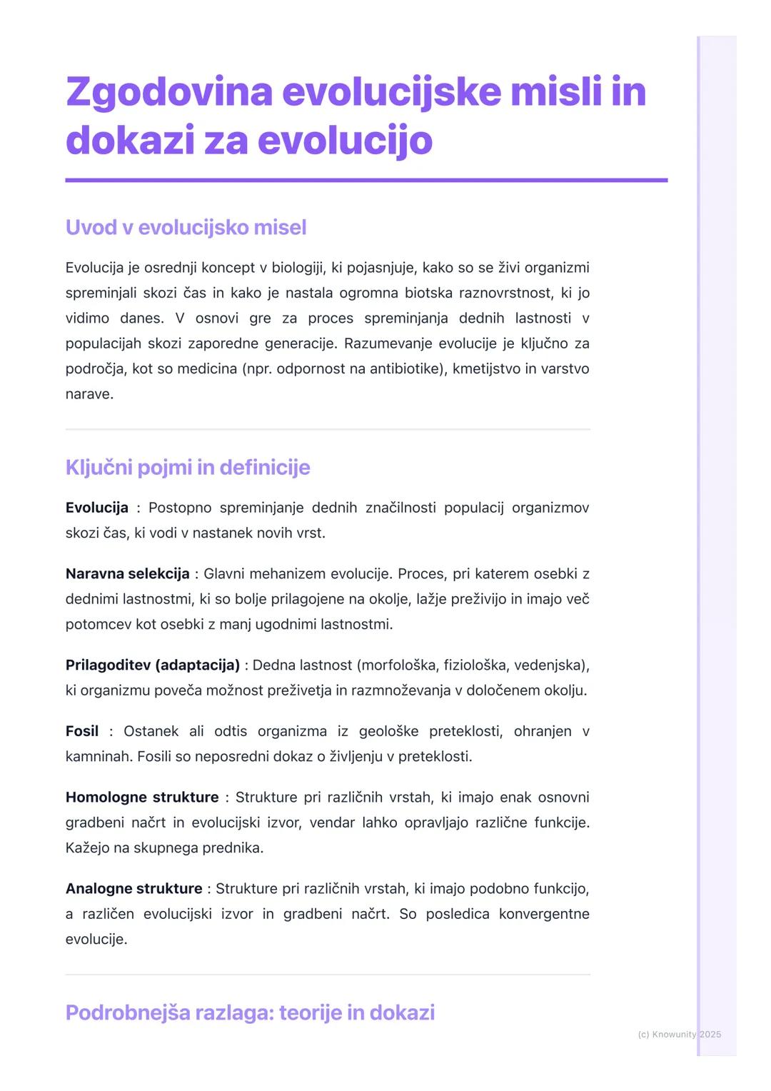 # Zgodovina evolucijske misli in
dokazi za evolucijo

Uvod v evolucijsko misel

Evolucija je osrednji koncept v biologiji, ki pojasnjuje, ka