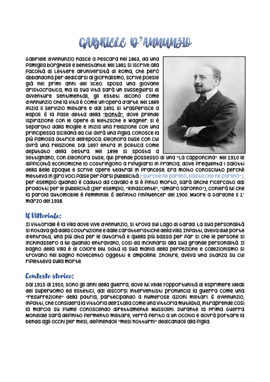 
<p>Gabriele d'Annunzio è nato a Pescara nel 1863, da una famiglia borghese e benestante. Nel 1881 si iscrive alla facoltà di Lettere all'Un