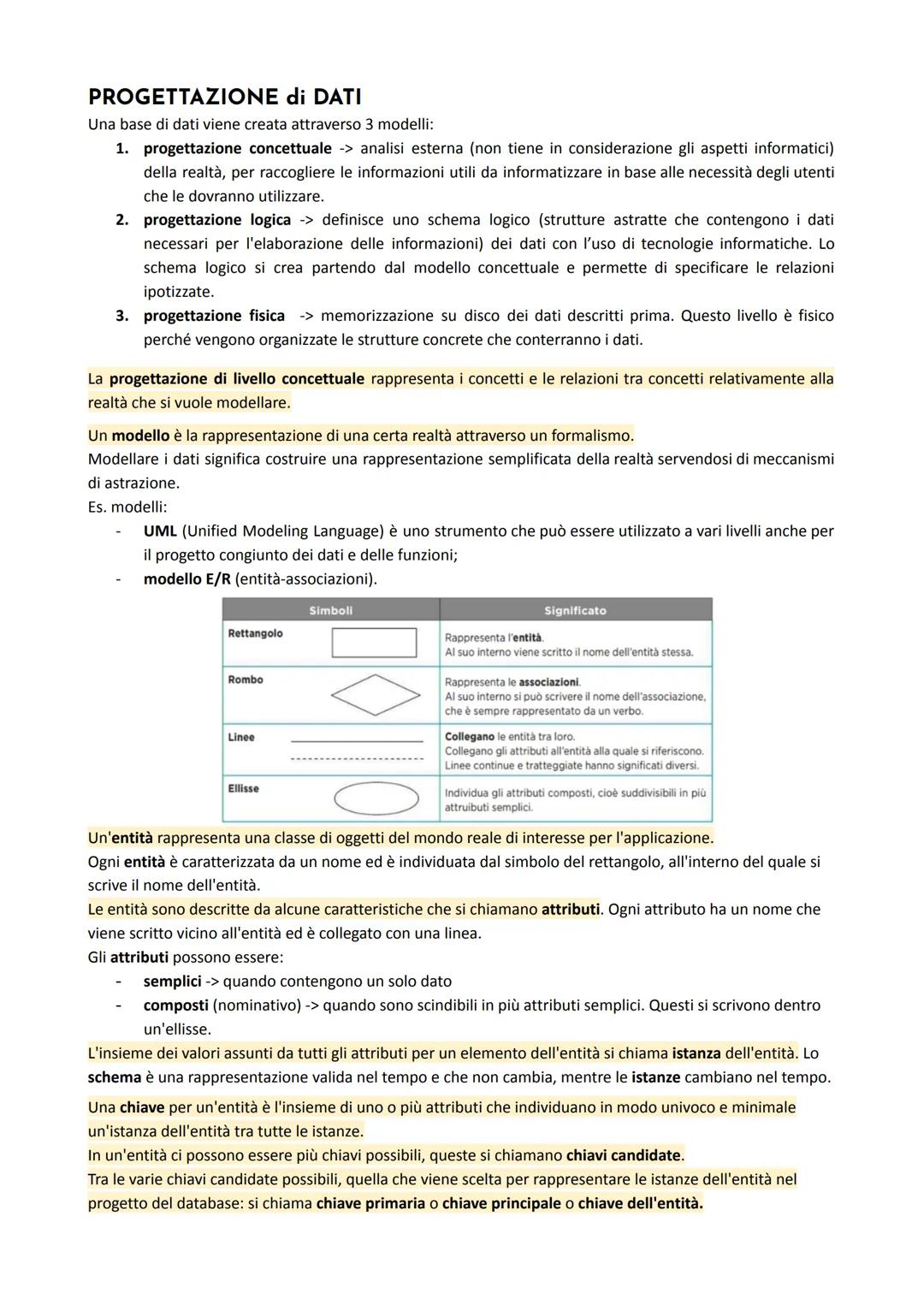 PROGETTAZIONE di DATI
Una base di dati viene creata attraverso 3 modelli:
1. progettazione concettuale -> analisi esterna (non tiene in cons