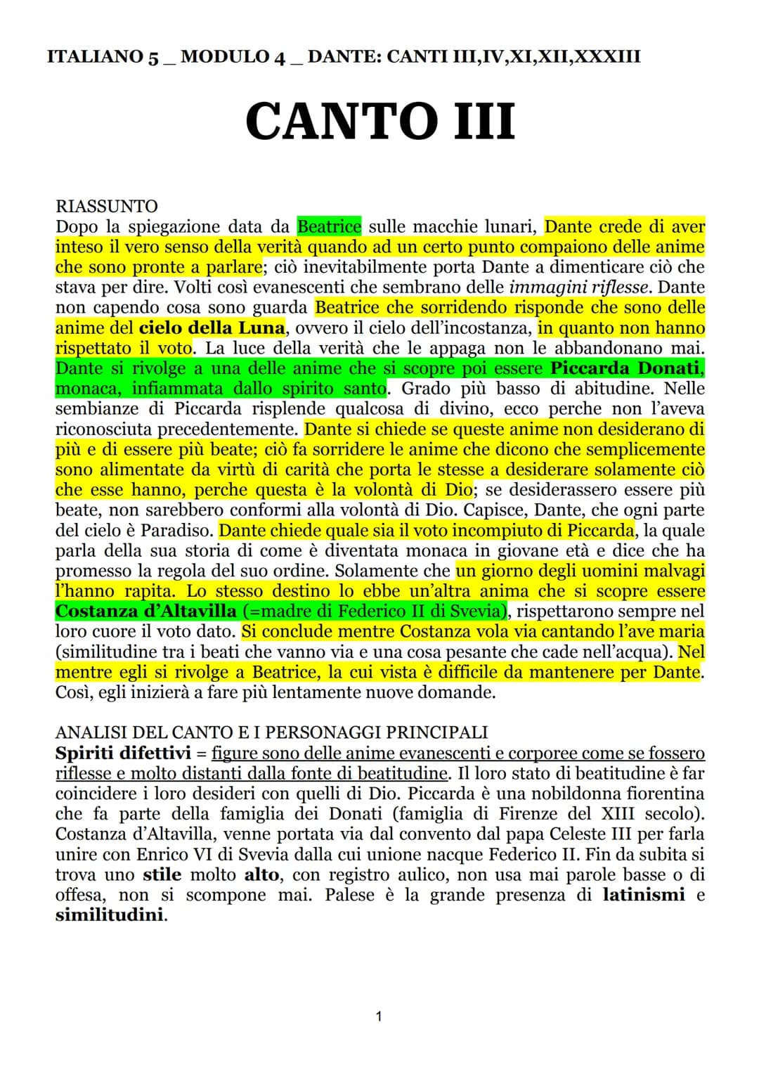 ITALIANO 5 MODULO 4 DANTE: CANTI III,IV,XI,XII,XXXIII
CANTO III
RIASSUNTO
Dopo la spiegazione data da Beatrice sulle macchie lunari, Dante c
