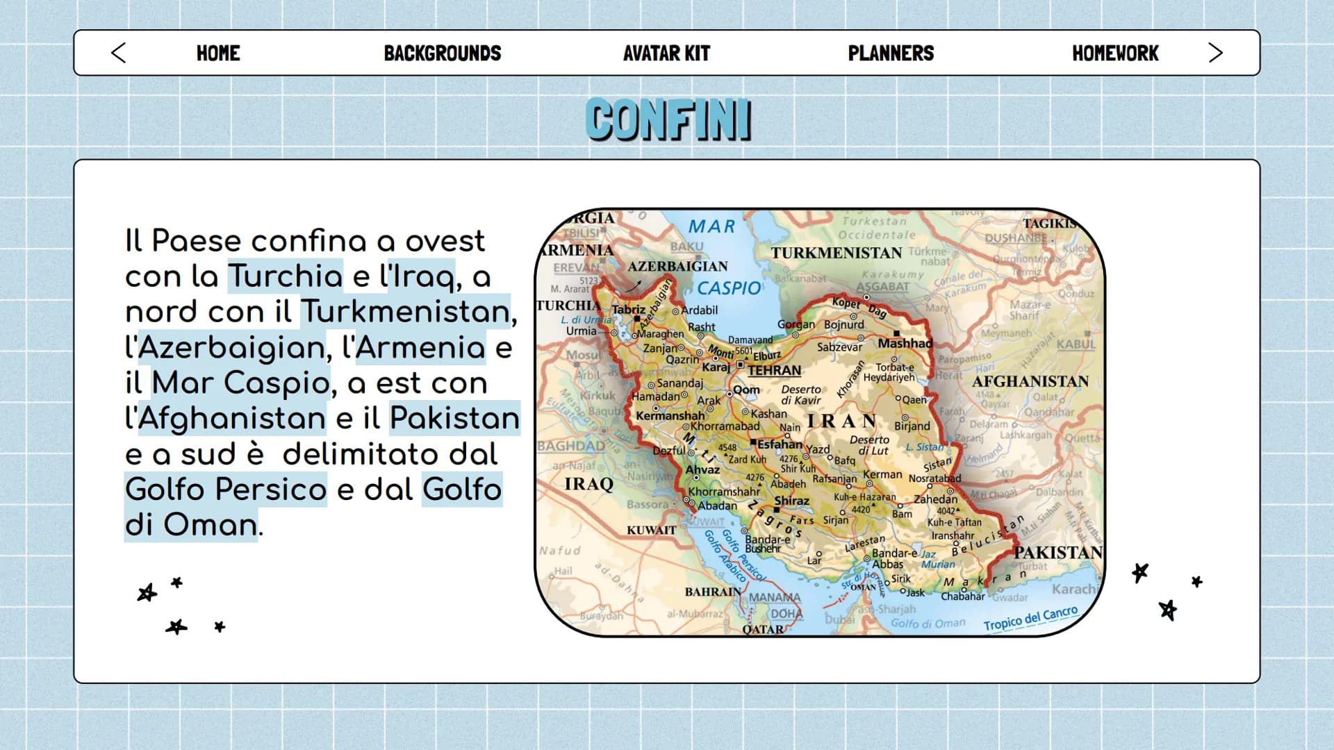 ☆
HOME
BACKGROUNDS
IRAN
AVATAR KIT
ATAR
☆
PLANNERS
IRAN
TURKMENISTAN
HOMEWORK >
AFGHANIST
★ <
HOME
**
★
BACKGROUNDS
Capitale: Tehran
Ordinam