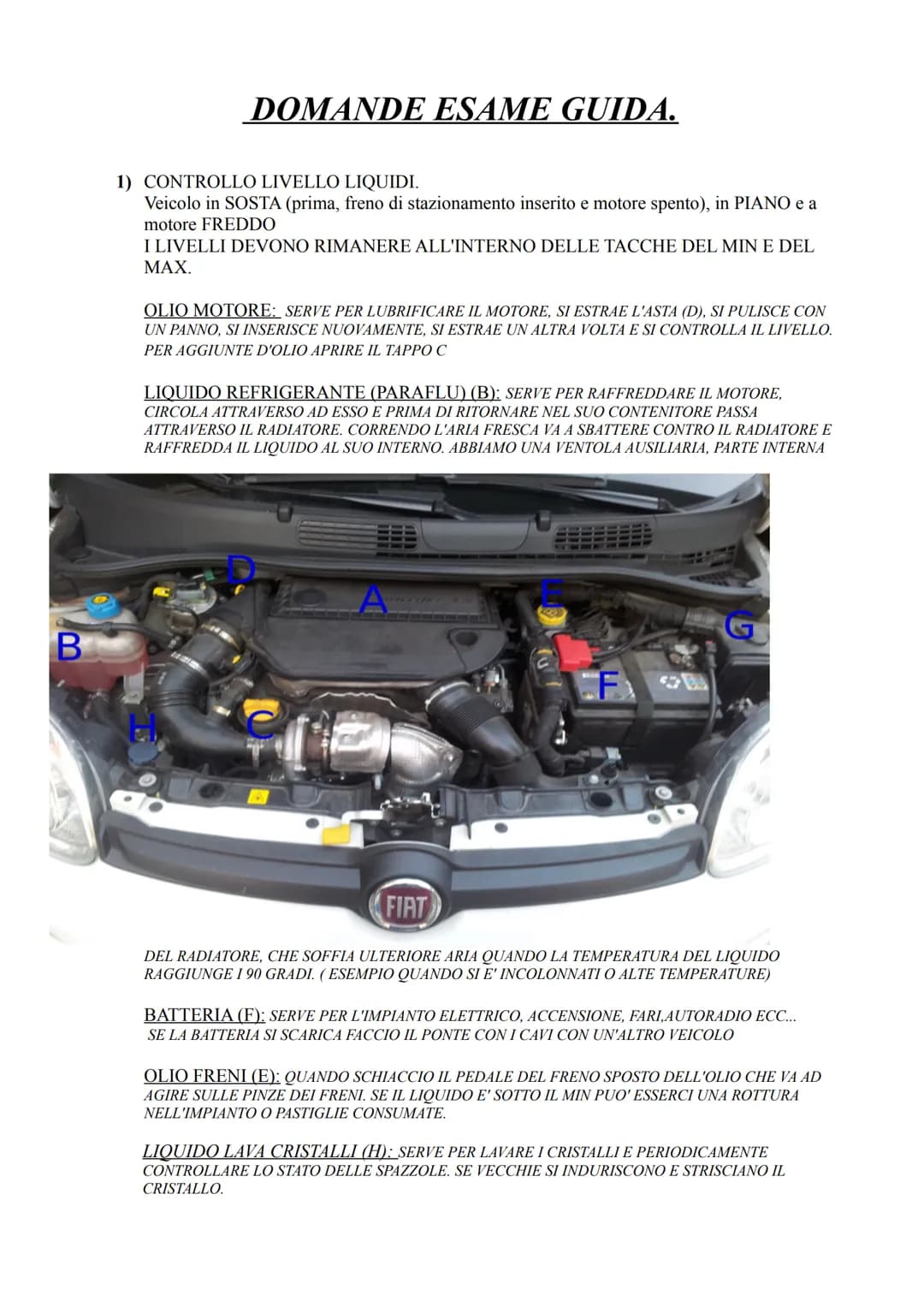 B
DOMANDE ESAME GUIDA.
1) CONTROLLO LIVELLO LIQUIDI.
Veicolo in SOSTA (prima, freno di stazionamento inserito e motore spento), in PIANO e a