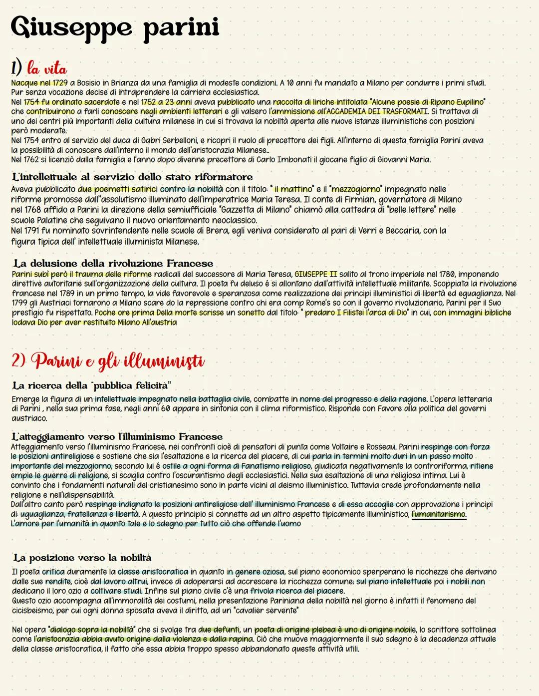 # Giuseppe parini

1) la vita
Nacque nel 1729 a Bosisio in Brianza da una famiglia di modeste condizioni. A 10 anni fu mandato a Milano per 
