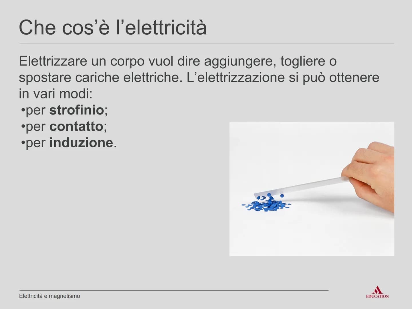 Unità A10
Elettricità
e magnetismo
EDUCATION Lezione LIM
Elettricità e magnetismo
EDUCATION Che cos'è l'elettricità
L'elettricità e i suoi f
