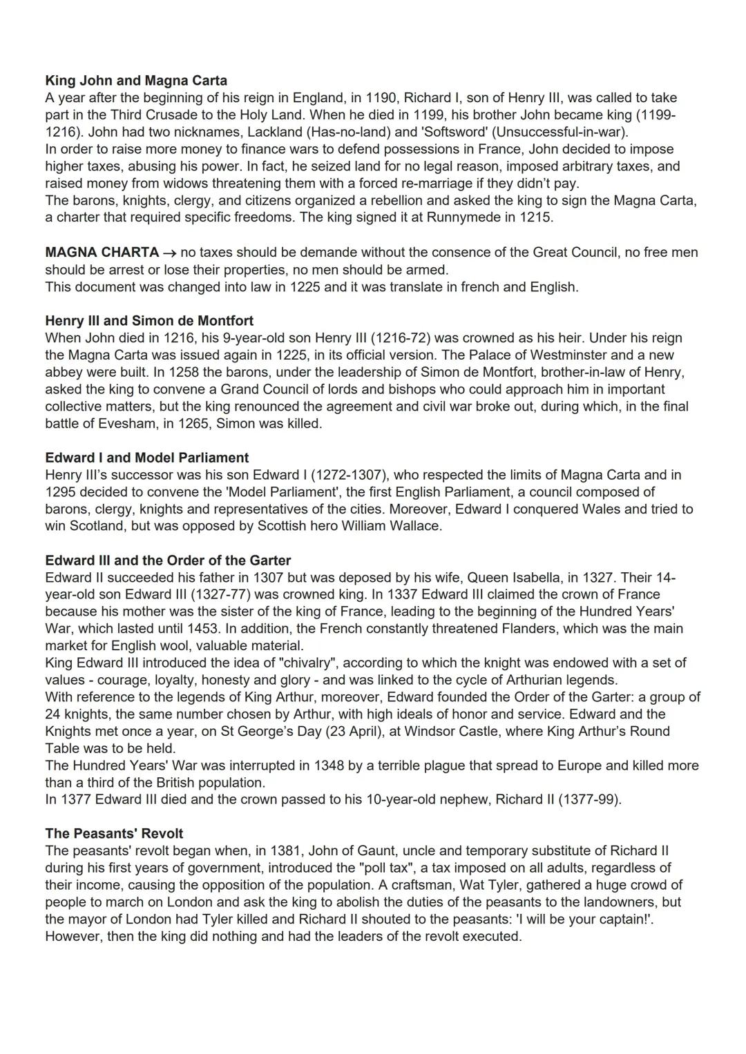 KING JOHN and MAGNA CHARTA, WAR OF THE TWO ROSES - Letteratura inglese con traduzione in italiano