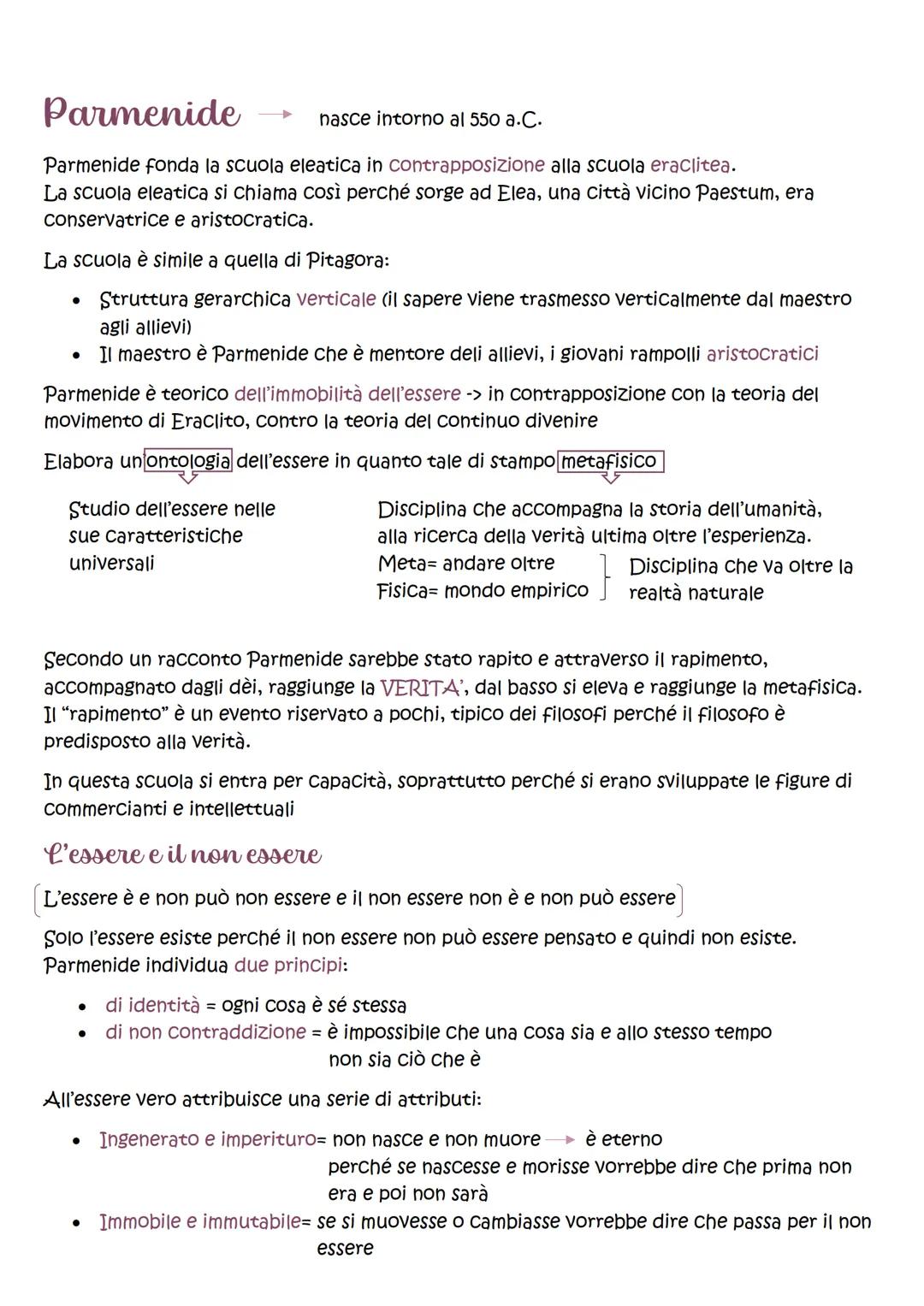 Parmenide
Parmenide fonda la scuola eleatica in contrapposizione alla scuola eraclitea.
La scuola eleatica si chiama così perché sorge ad El