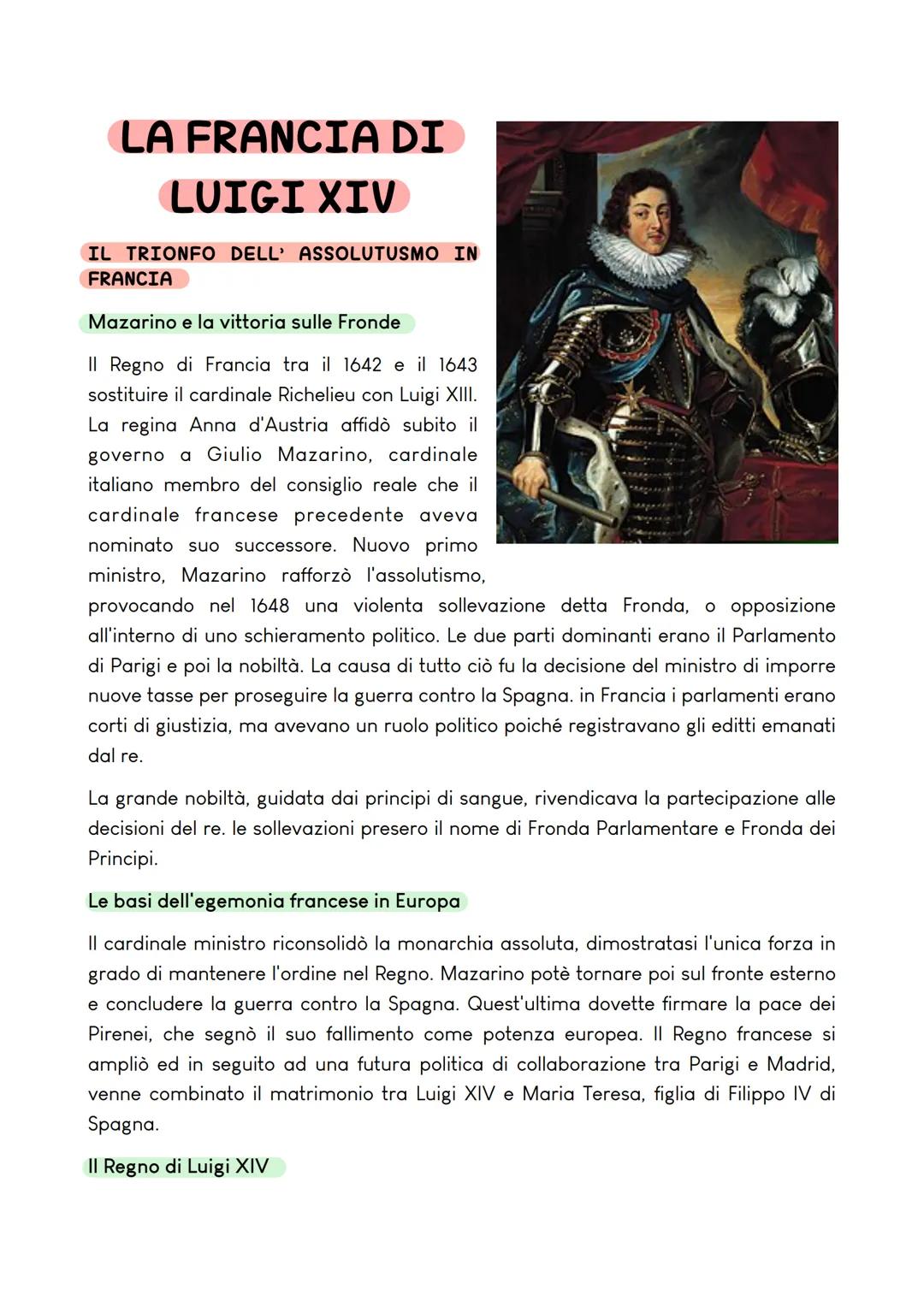 LA FRANCIA DI
LUIGI XIV
IL TRIONFO DELL' ASSOLUTUSMO IN
FRANCIA
Mazarino e la vittoria sulle Fronde
Il Regno di Francia tra il 1642 e il 164
