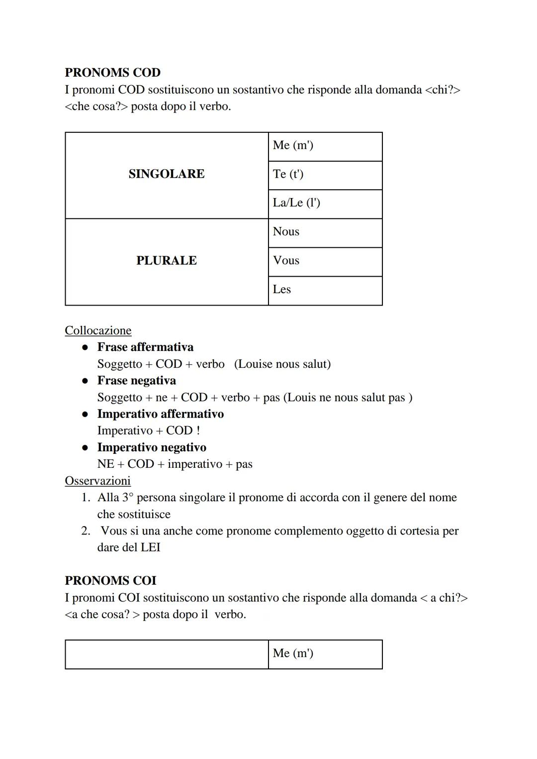 PRONOMS COD
I pronomi COD sostituiscono un sostantivo che risponde alla domanda <chi?>
<che cosa?> posta dopo il verbo.
SINGOLARE
Collocazio