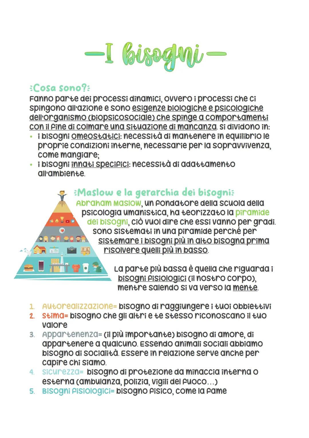 -I bisogni-
Cosa sono?:
Fanno parte dei processi dinamici, ovvero i processi che ci
spingono all'azione e sono esigenze biologiche e psicolo