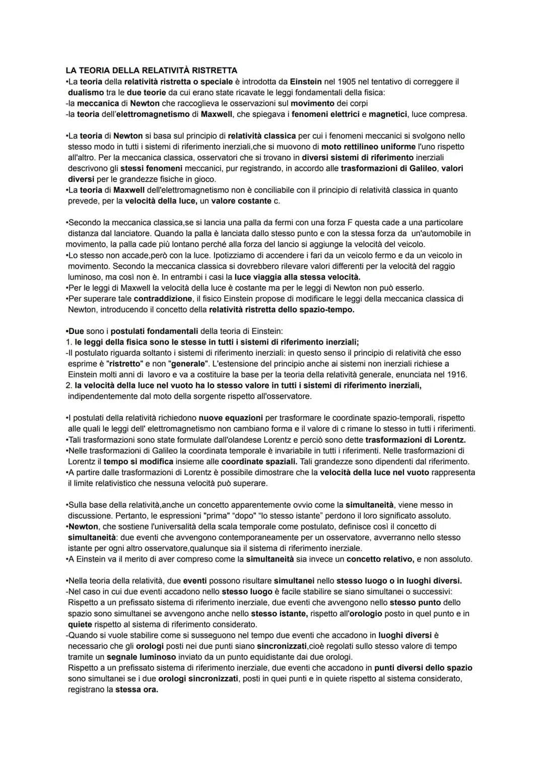 LA TEORIA DELLA RELATIVITÀ RISTRETTA
•La teoria della relatività ristretta o speciale è introdotta da Einstein nel 1905 nel tentativo di cor