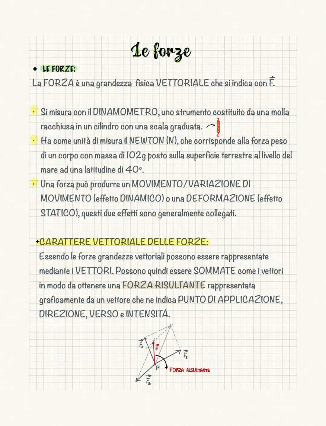 Le forze
• LE FORZE:
La FORZA è una grandezza fisica VETTORIALE che si indica con F.
Si misura con il DINAMOMETRO, uno strumento costituito 