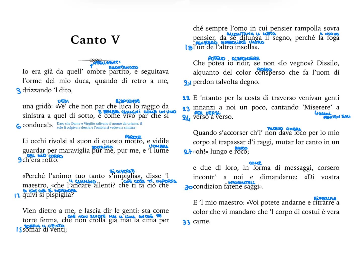 V canto
Il canto si apre con il motivo della meraviglia delle anime che vedono l'ombra fatta dal corpo di
Dante. Le anime pronunciano quasi 