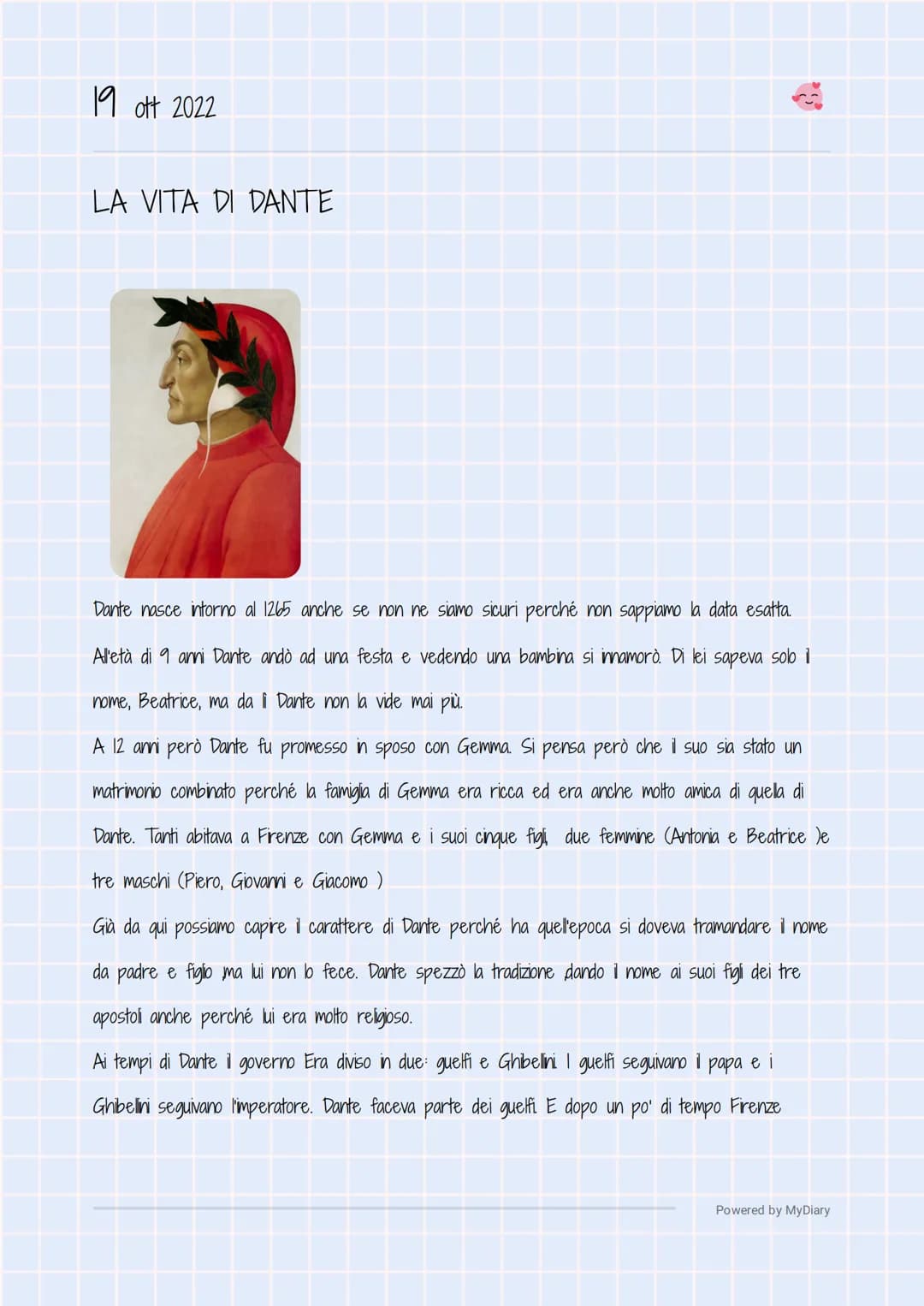 
<p>Dante Alighieri è nato circa nel 1265, anche se non è certo il giorno esatto della sua nascita. Durante la sua infanzia, all'età di 9 an