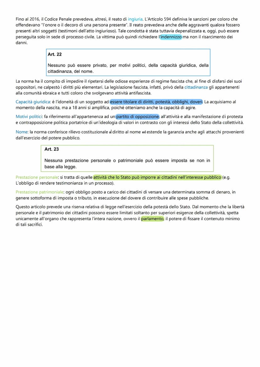 I TITOLO DELLA COSTITUZIONE
ARTICOLI 13-28: RAPPORTI CIVILI
La Costituzione garantisce il rispetto dei diritti e delle libertà fondamentali,