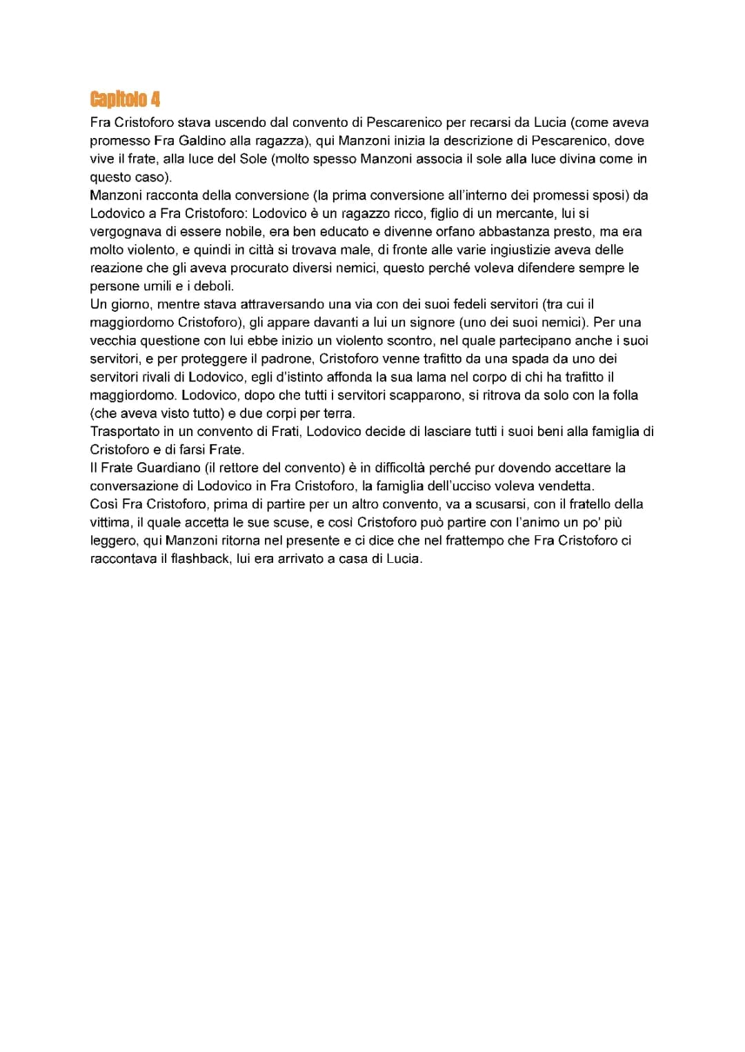 Riassunto capitolo 4 Promessi Sposi e analisi - PDF e domande