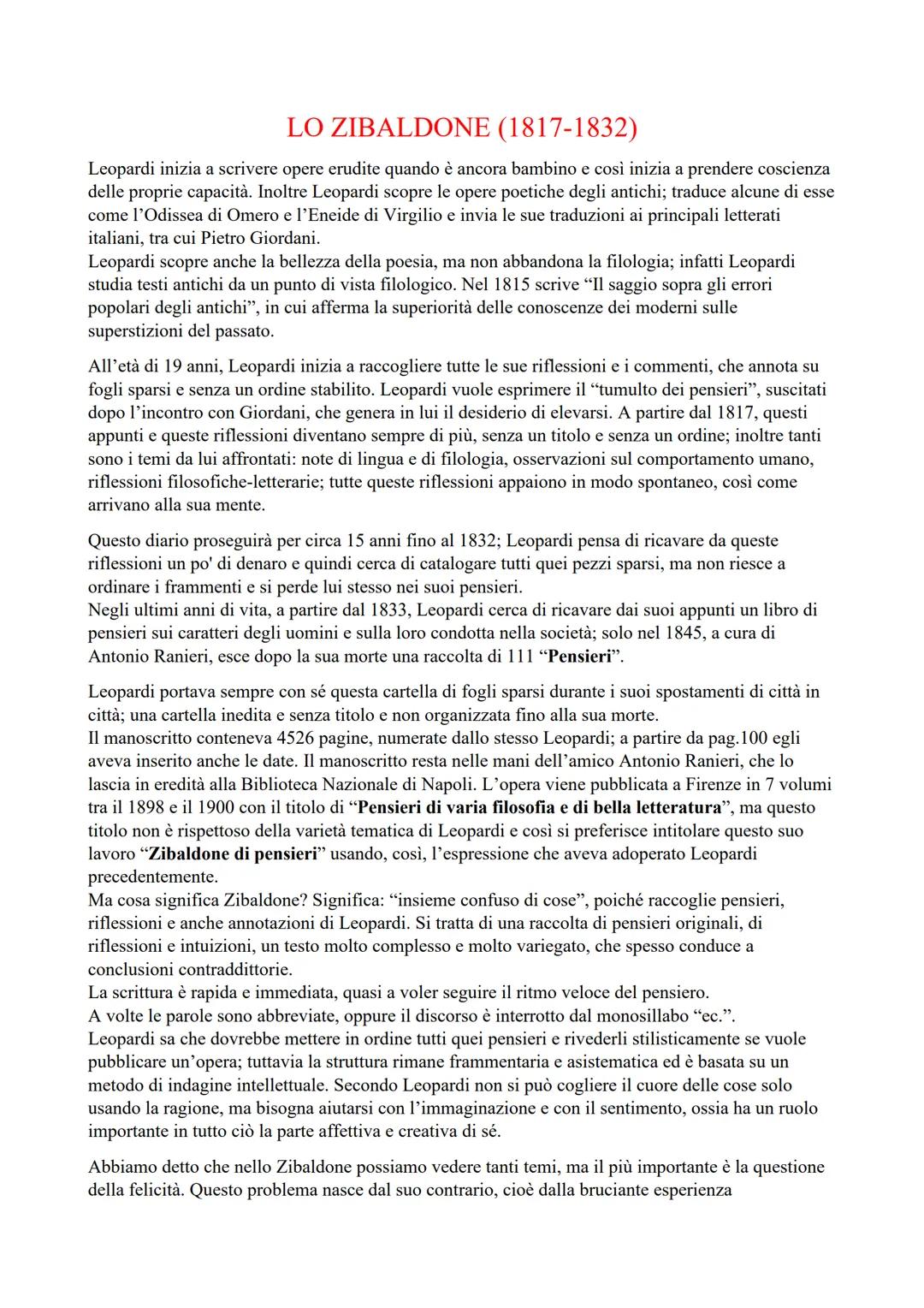# LO ZIBALDONE (1817-1832)

Leopardi inizia a scrivere opere erudite quando è ancora bambino e cosi inizia a prendere coscienza
delle propri