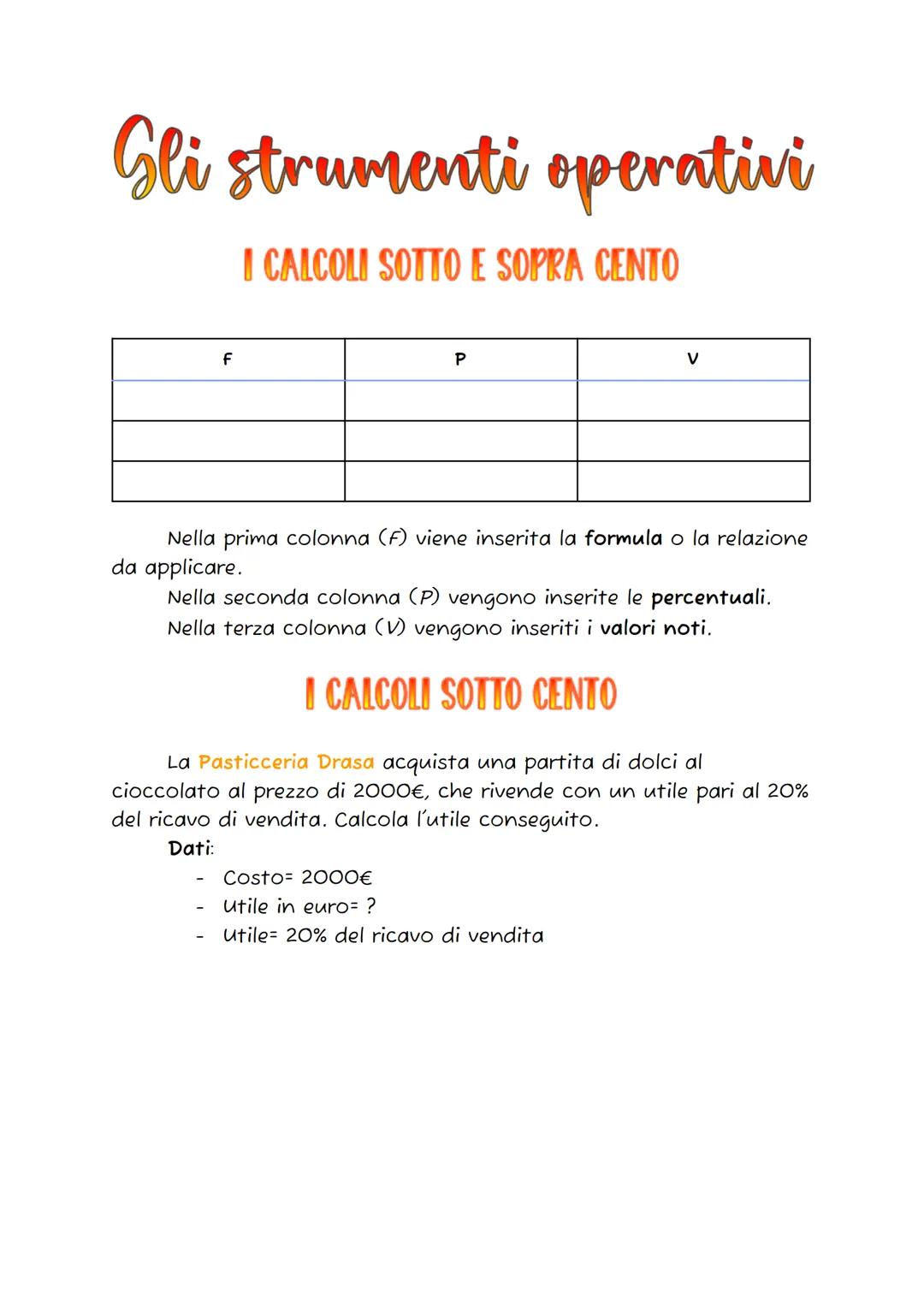 # Gli strumenti operativi

## I CALCOLI SOTTO E SOPRA CENTO

| F | P | V |
|---|---|---|
|   |   |   |
|   |   |   |
|   |   |   |

Nella pr