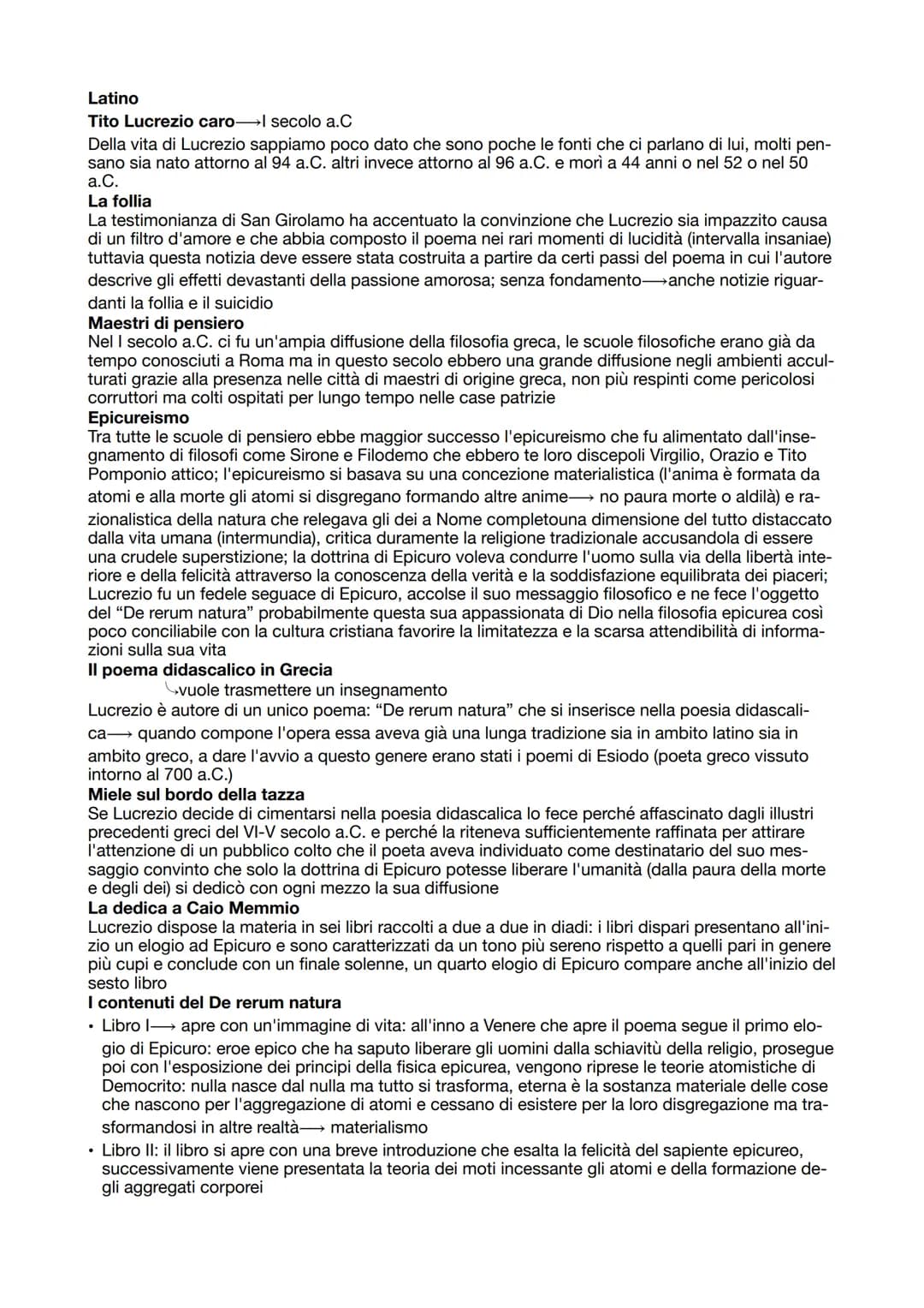 Latino
Tito Lucrezio carol secolo a.C
Della vita di Lucrezio sappiamo poco dato che sono poche le fonti che ci parlano di lui, molti pen-
sa
