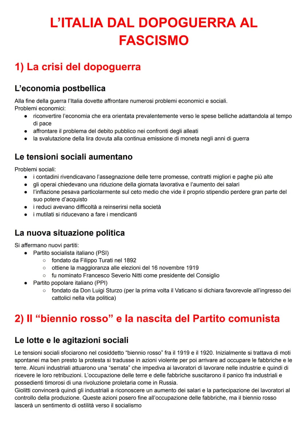 L'ITALIA DAL DOPOGUERRA AL
FASCISMO
1) La crisi del dopoguerra
L'economia postbellica
Alla fine della guerra l'Italia dovette affrontare num