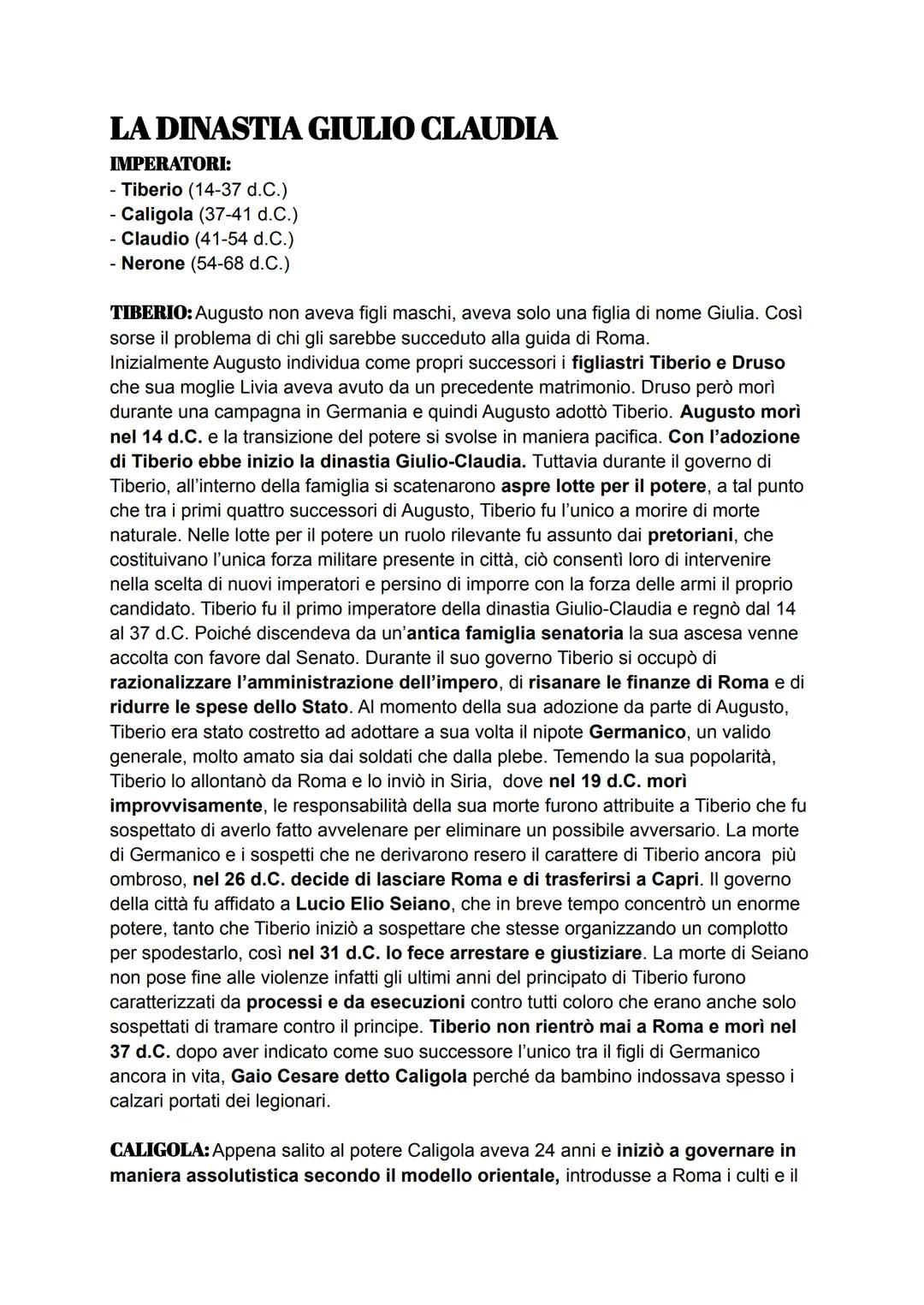 LA DINASTIA GIULIO CLAUDIA
IMPERATORI:
- Tiberio (14-37 d.C.)
Caligola (37-41 d.C.)
- Claudio (41-54 d.C.)
- Nerone (54-68 d.C.)
TIBERIO: Au