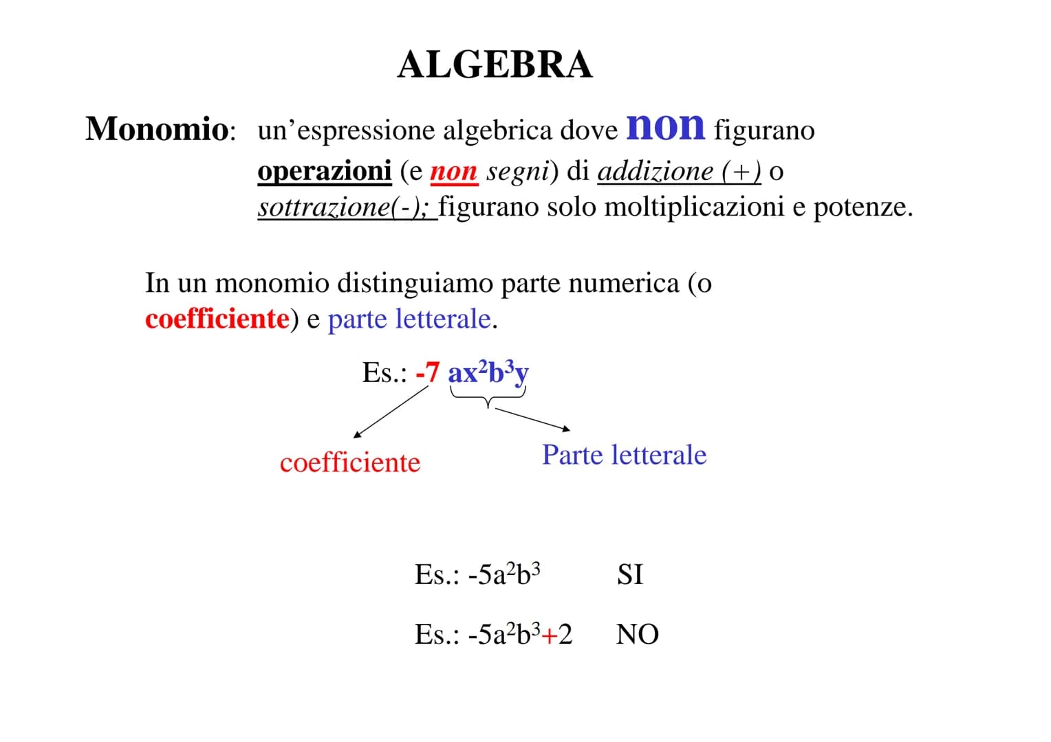 ALGEBRA
Monomio: un'espressione algebrica dove non figurano
operazioni (e non segni) di addizione (+) o
sottrazione(-); figurano solo moltip