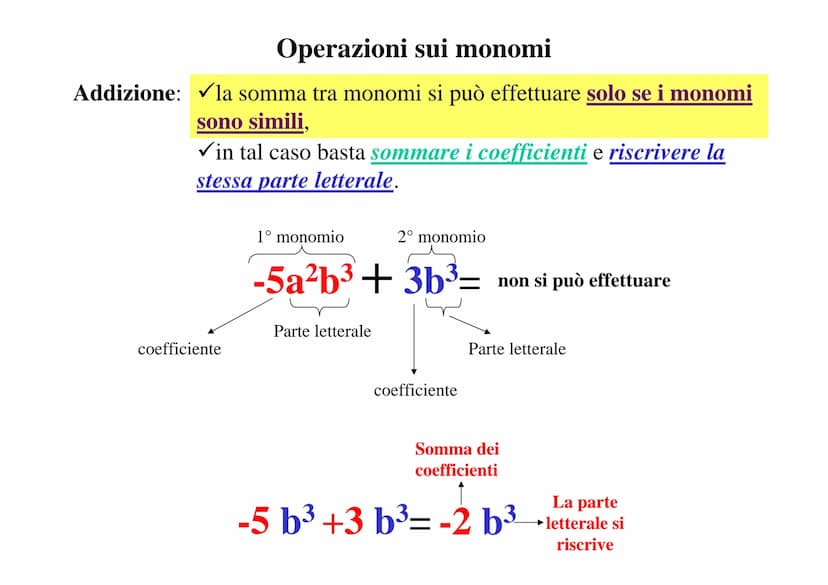 ALGEBRA
Monomio: un'espressione algebrica dove non figurano
operazioni (e non segni) di addizione (+) o
sottrazione(-); figurano solo moltip