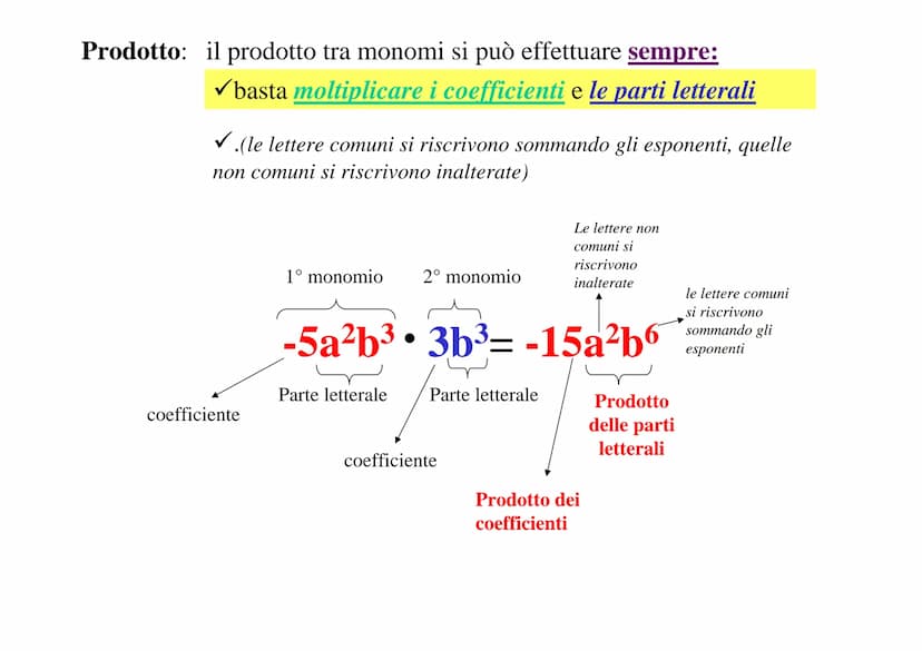 ALGEBRA
Monomio: un'espressione algebrica dove non figurano
operazioni (e non segni) di addizione (+) o
sottrazione(-); figurano solo moltip
