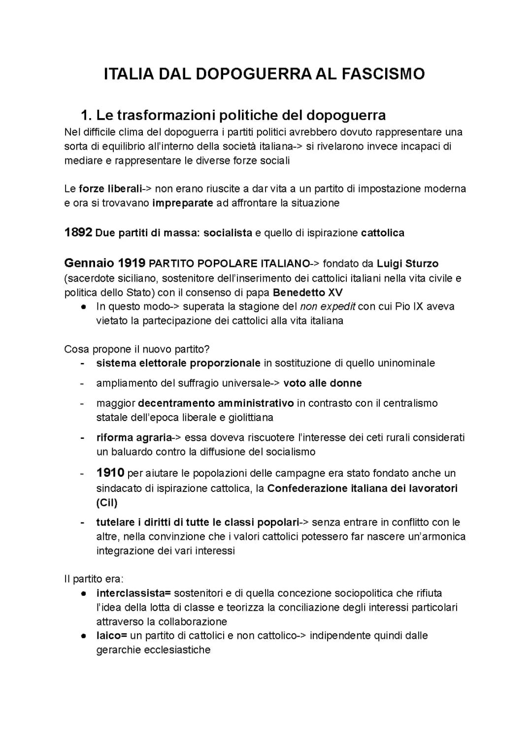 Italia dal dopoguerra al Fascismo