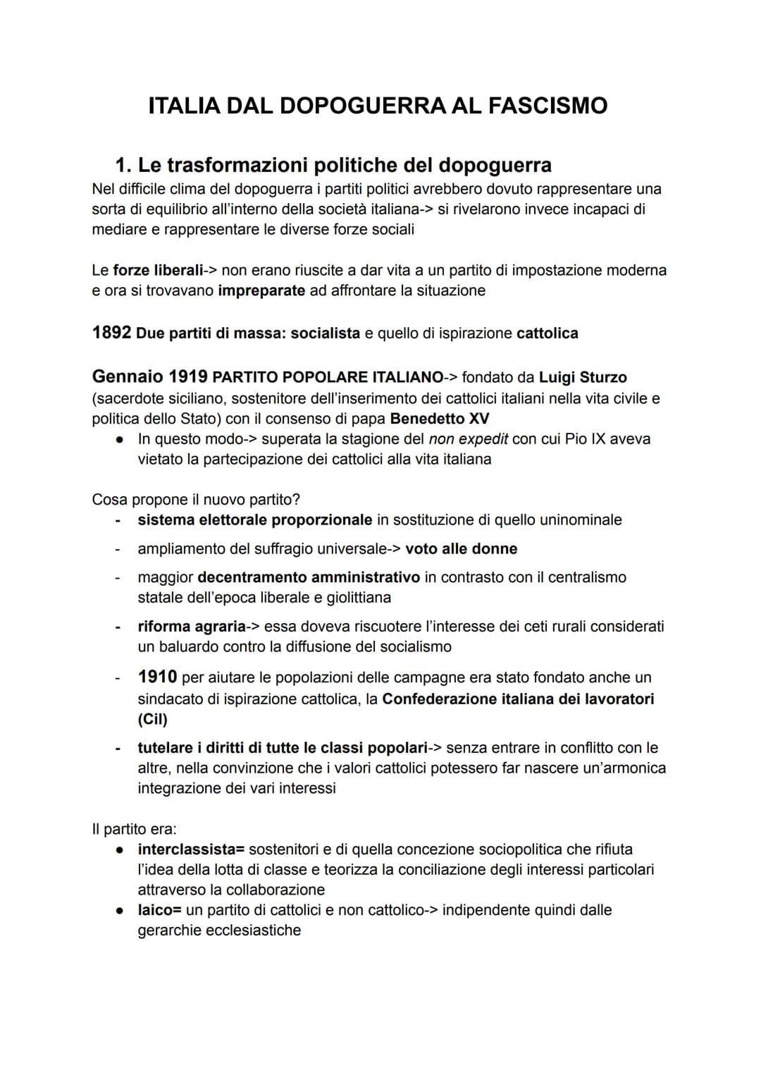 ITALIA DAL DOPOGUERRA AL FASCISMO
1. Le trasformazioni politiche del dopoguerra
Nel difficile clima del dopoguerrai partiti politici avrebbe