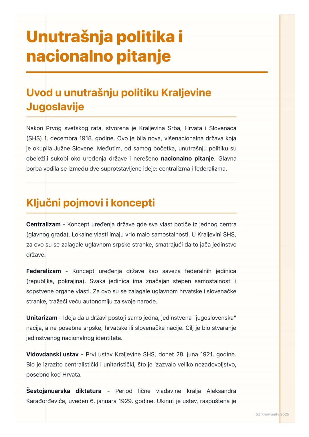 # Unutrašnja politika i
nacionalno pitanje

Uvod u unutrašnju politiku Kraljevine
Jugoslavije

Nakon Prvog svetskog rata, stvorena je Kralje