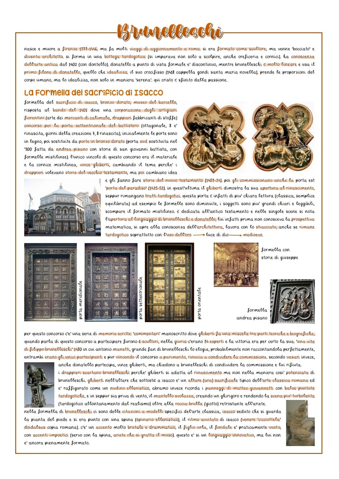 Brunelleschi
nasce e muore a firenze 1377-1446, ma fa molti viaggi di aggiornamento a roma, si era formato come scultore, ma venne 'bocciato