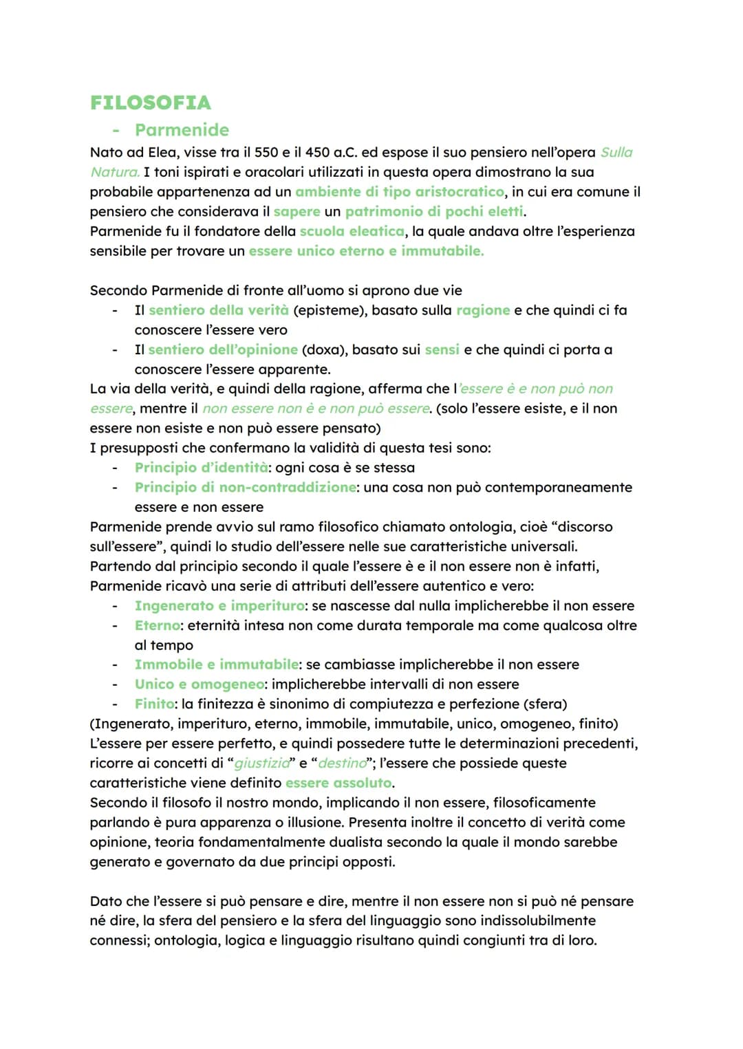 FILOSOFIA
Parmenide
Nato ad Elea, visse tra il 550 e il 450 a.C. ed espose il suo pensiero nell'opera Sulla
Natura. I toni ispirati e oracol
