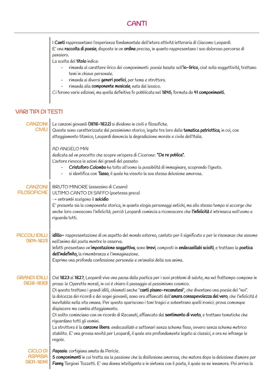 VARI TIPI DI TESTI
CANZONI
CIVILI
PICCOLI IDILLI
(1819-1821)
GRANDI IDILLI
(1828-1830)
Canti rappresentano l'esperienza fondamentale dell'in