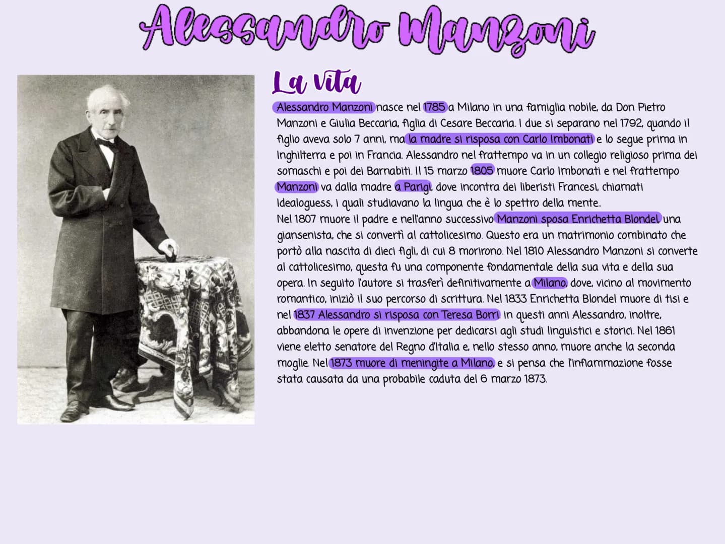 Alcosandro Manzari
La vita
Alessandro Manzoni nasce nel 1785 a Milano in una famiglia nobile, da Don Pietro
Manzoni e Giulia Beccaria, figli