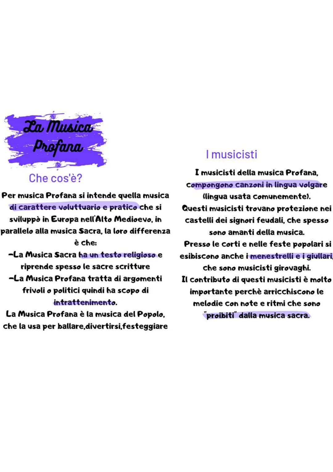 La Musica
Profana
Che cos'è?
Per musica Profana si intende quella musica
di carattere voluttuario e pratico che si
sviluppò in Europa nell'A