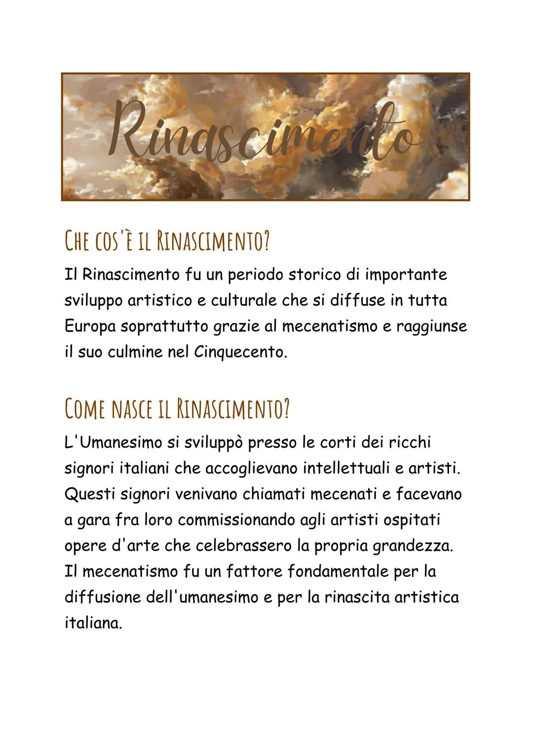 Rinasciment
CHE COS'È IL RINASCIMENTO?
Il Rinascimento fu un periodo storico di importante
sviluppo artistico e culturale che si diffuse in 