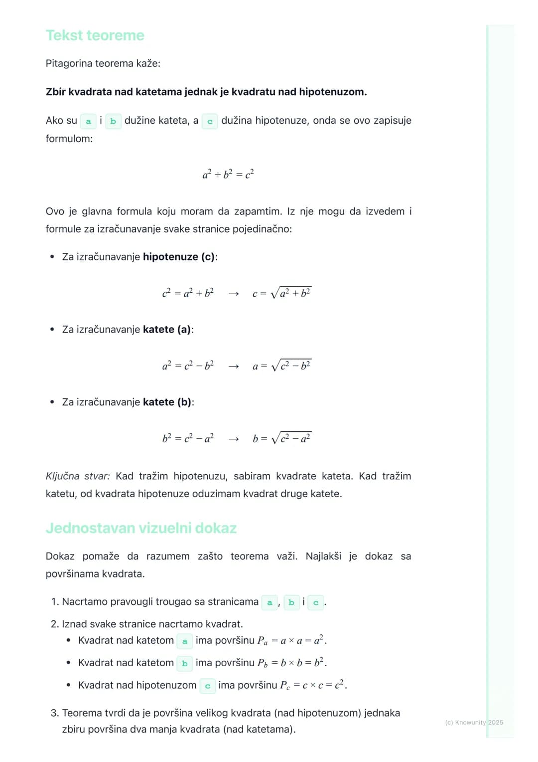 # Pojam i dokaz Pitagorine
teoreme

## Osnovni pojam Pitagorine teoreme

Pitagorina teorema je jedna od najvažnijih teorema u matematici. Po