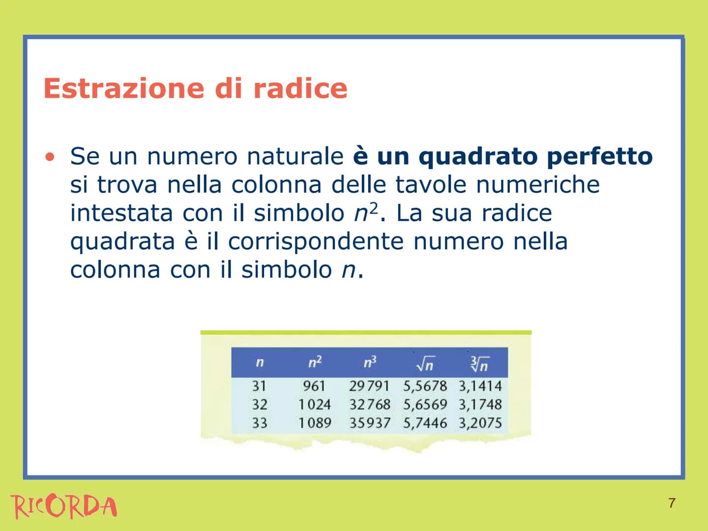 RICORDA
Estrazione di radice Estrazione di radice
• La radice n-esima di un numero è l'operazione
inversa dell'elevamento a potenza con espo