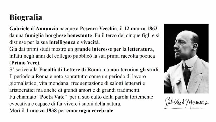 Gabriele d'Annunzio Biografia
Gabriele d'Annunzio nacque a Pescara Vecchia, il 12 marzo 1863
da una famiglia borghese benestante. Fu il terz