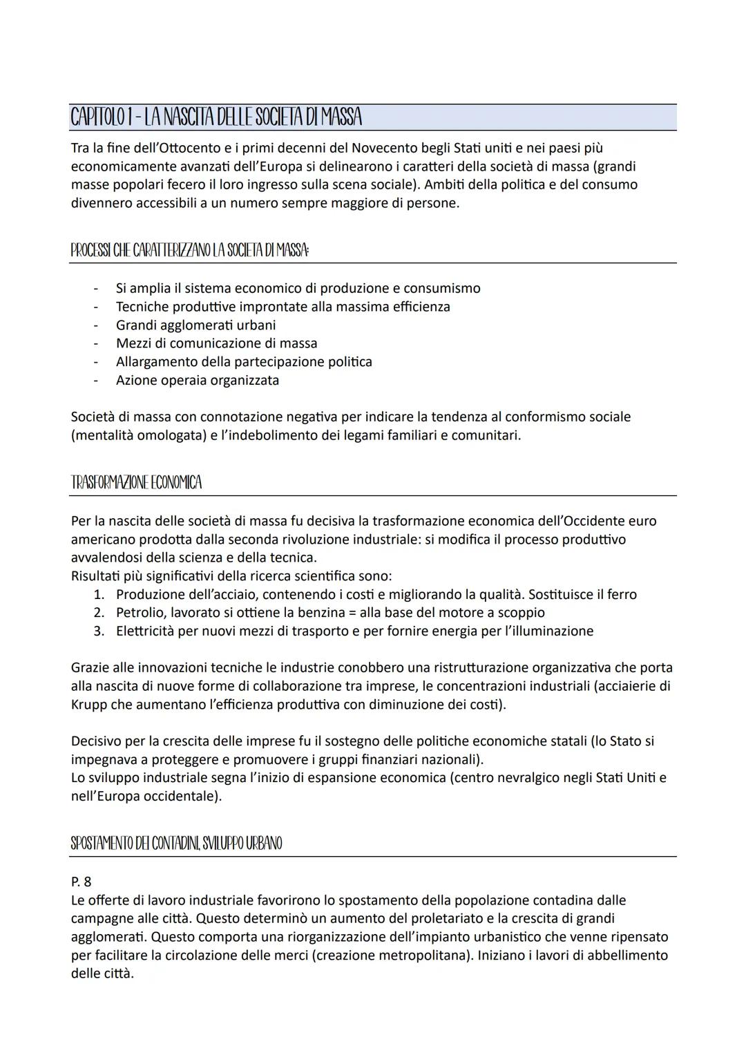 CAPITOLO 1-LA NASCITA DELLE SOCIETA DI MASSA
Tra la fine dell'Ottocento e i primi decenni del Novecento begli Stati uniti e nei paesi più
ec