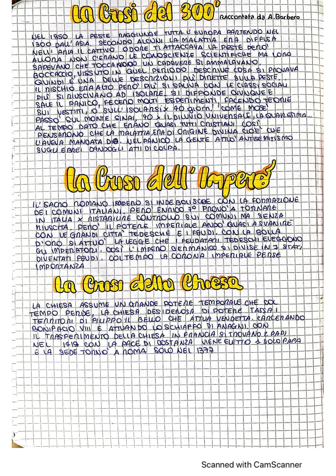 
<p>La crisi del papato e dell'impero nel 300, riassunta da A. Berbero, viene raccontata con riferimento al 1850, quando la peste raggiunse 