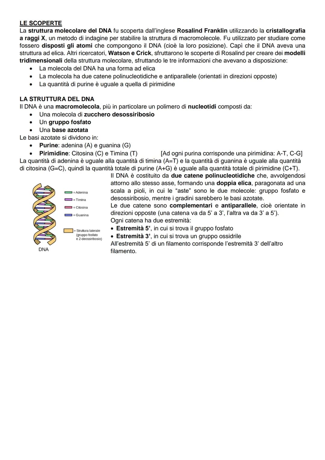 LE SCOPERTE
La struttura molecolare del DNA fu scoperta dall'inglese Rosalind Franklin utilizzando la cristallografia
a raggi X, un metodo d